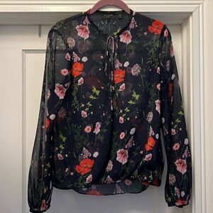 Ted Baker VALNTIA Sheer Floral Blouse Top Navy size Small